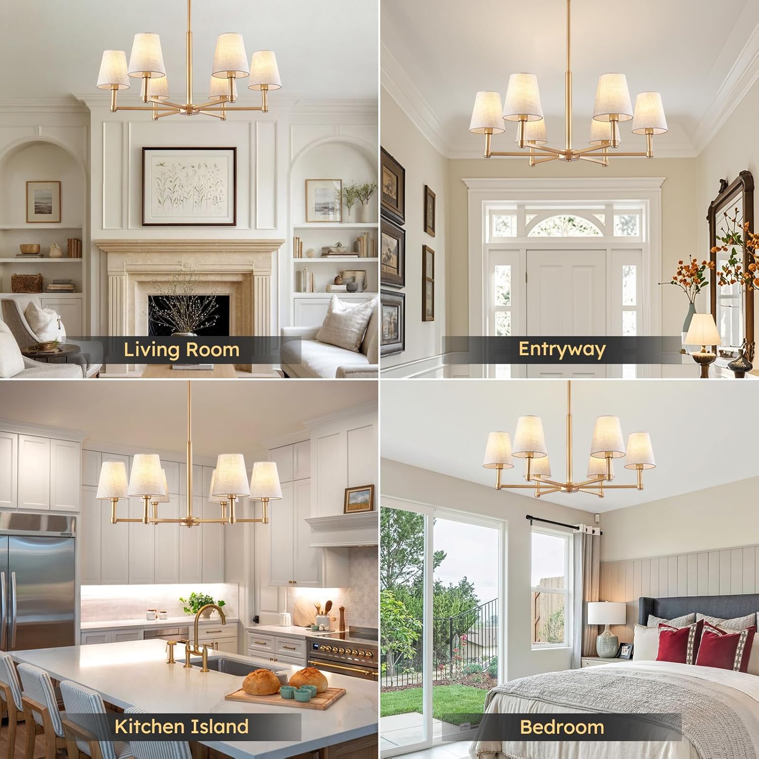 6-Light Gold Chandelier for Dining Room Light Fixture 29.9" Modern Farmhouse Chandeliers with Linen Shade Industrial Hanging Pendant Light for Kitchen Island Foyer Entryway Living Room Bedroom, E12