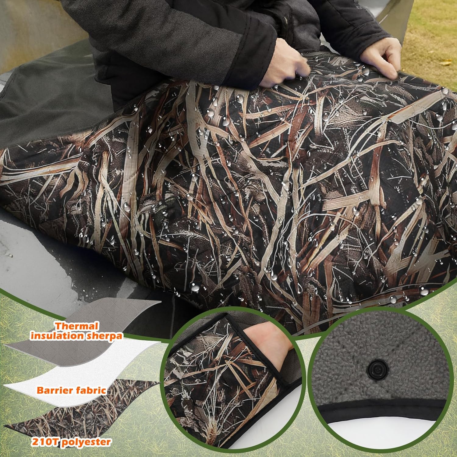 55" x 95" Waterproof Woobie Camo Blanket for Hunting Extra Outdoor Stadium Blankets Sherpa Lining with Hood and Storage Pocket for Deer Duck Hunting Gear Blind Accessories(Waterfowl Grass Camo) - Image 3