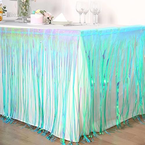 Miniatura 9 de Efavormart - Falda de mesa con flecos metálicos de 30 x 9 pies, falda de mesa autoadhesiva para fiestas, color azul iridiscente