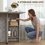 HOMCOM Folding Dining Table, Drop Leaf Table for Small Spaces with 2-Tier Shelves, Small Kitchen Table with Rolling Casters, Grey