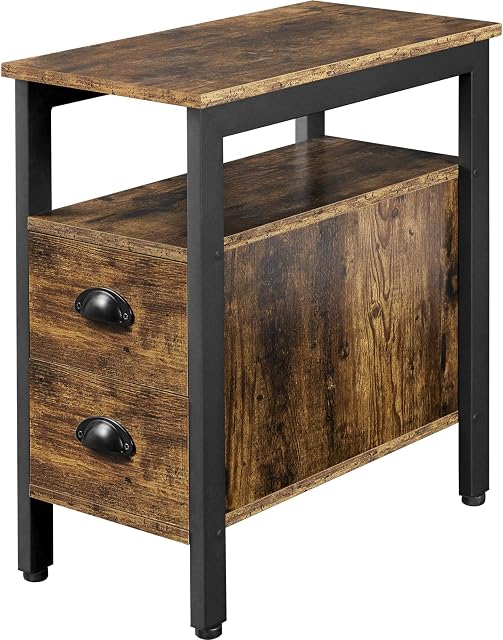 Yaheetech End Table, Side Table with 2 Drawer, Sofa Side Table with Storage Cabinet, Slim Bedside Table for Bedroom/Living Room/Small Space, Vintage Style, 59.5x29.5x61cm, Rustic Brown