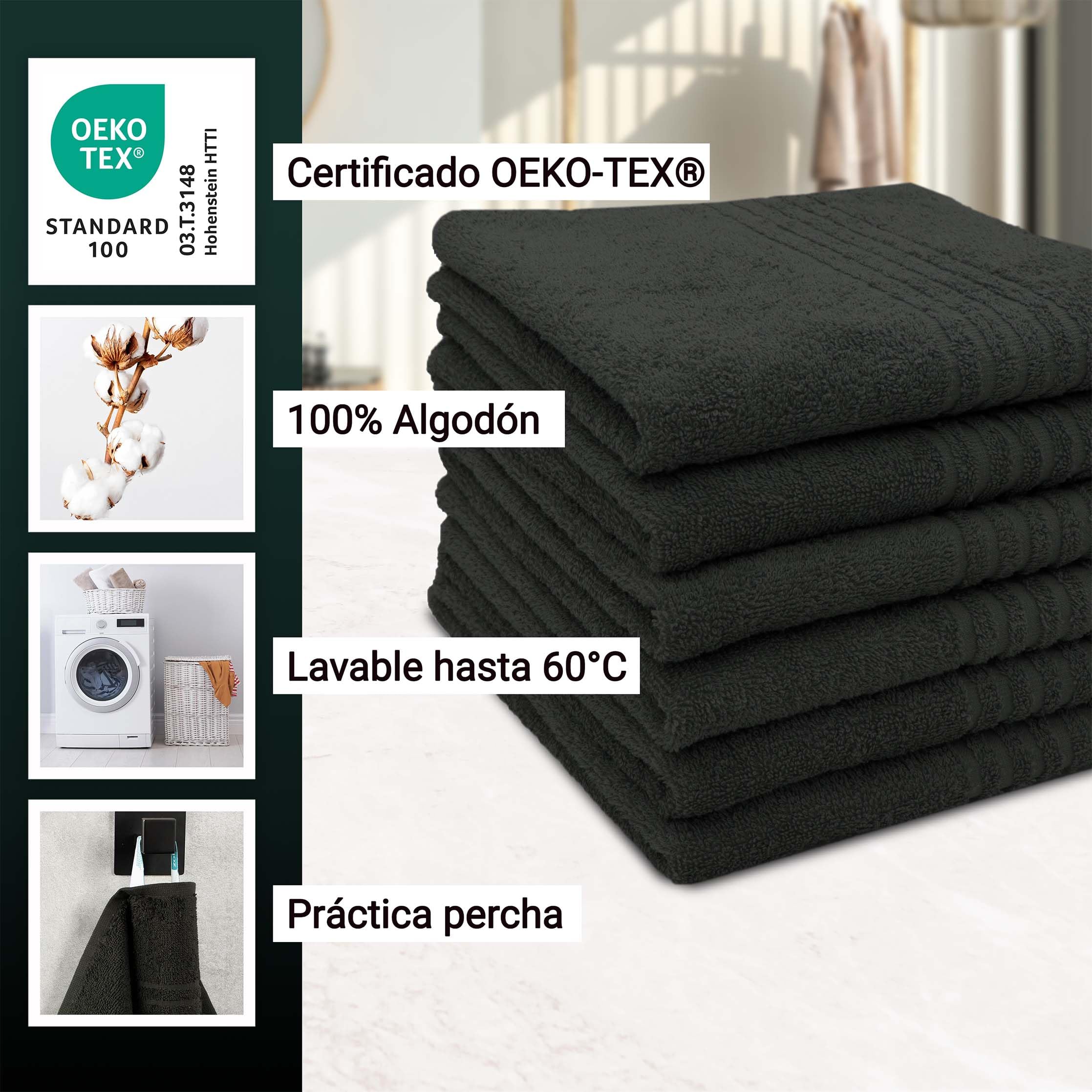 ZOLLNER Juego de 10 Toallas para huéspedes en 30x50 cm - Toallas absorbentes en Negro - con práctica Percha - con Tres Modernas Rayas de Tiro - Lavables hasta 95°C - algodón - Calidad hotelera