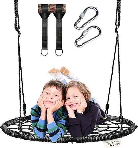 Miniatura 10 de PLAYVIBE Columpio de platillo de 40 pulgadas para niños al aire libre, regalos para sala de juegos en interiores y cumpleaños, juego de columpio