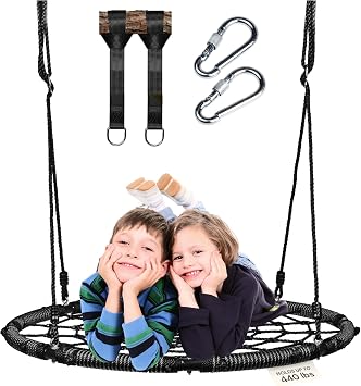 PLAYVIBE Spider Web Tree Swing Year-Round - 40-Inch Black Saucer - 440 lb Capacity & 900D Oxford Waterproof - Heavy-Duty Steel Frame & Hanging Straps, Outdoor Swing Set Accessories for Toddlers