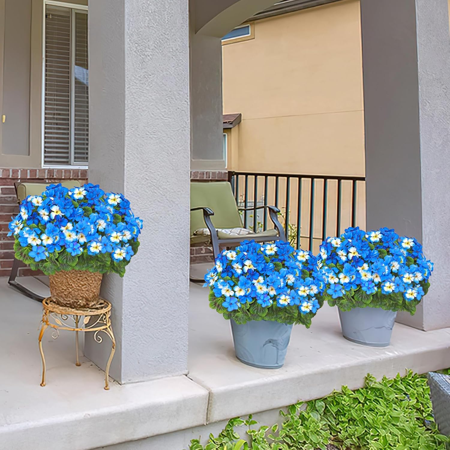 Fake Flowers 2PCS 17.3In Artificial Geraniums for Outdoors Realistic Artificial Geraniums UV Resistant Silk Flowers for Home Garden Wedding Indoor Outdoor Decoration (Blue) - Image 5