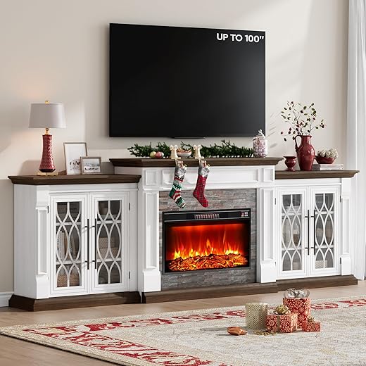 104" Fireplace TV Stand with, 3 in 1 Electric Fireplace with Mantel for TVs Up to 100 Inch, Entertainment Center with Storage, 30'' Fireplace Heater Insert with 3D Flame Effect for Living Room