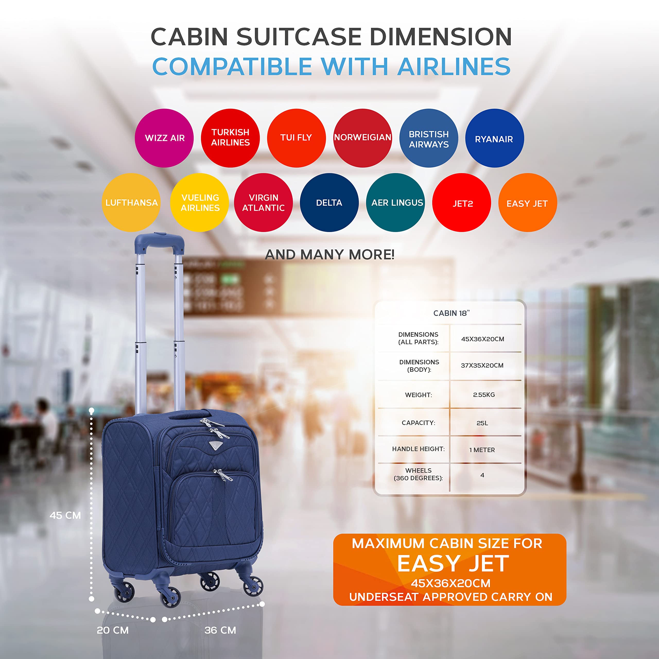 Flight Knight Set of 2 Lightweight 4 Wheel 800D Soft Case Quilted Suitcase Cabin Carry On Hand Luggage Approved for easyJet Maximium Size Free Carry On