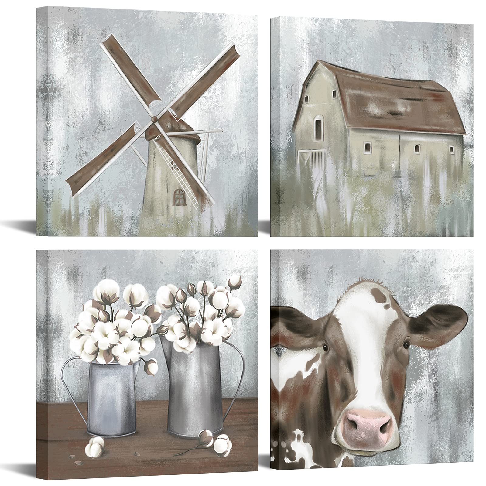 OuElegent 4 Piece Farmhouse Canvas Wall Art Rustic Cow Dutch Windmill Cotton Flower Picture Artwork Modern Countryside Printed Painting for Living Room Kitchen Decor Framed Ready to Hang 12x12 Inch