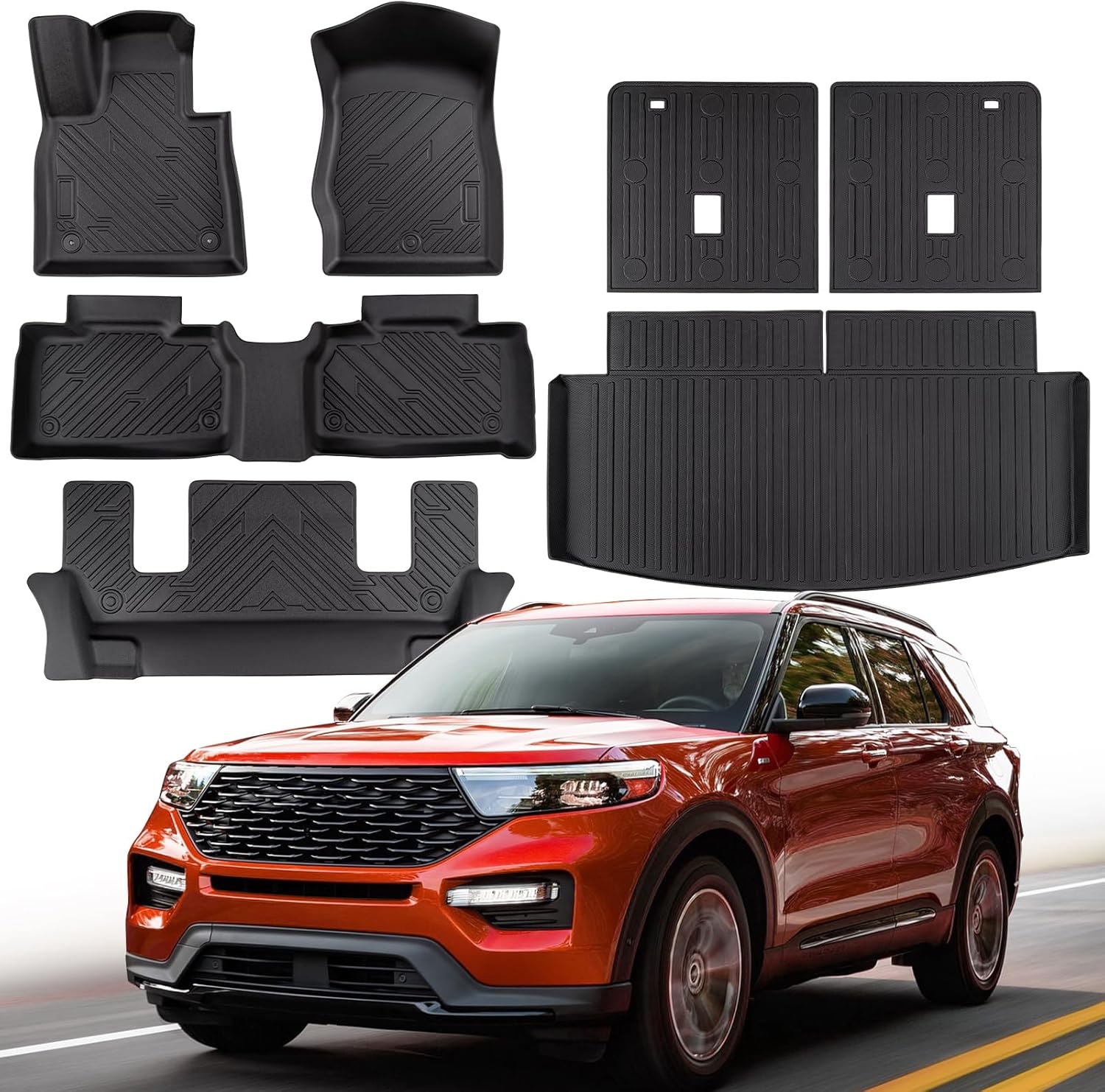 DrCarNow for Ford Explorer Floor Mats 2025 2024 2023 2022 2021 2020 All Weather Floor Mat 6 Seats Captain Chairs Tech Protector Trunk Mat Cargo Liner TPE Full Set for Explorer ST Accessories