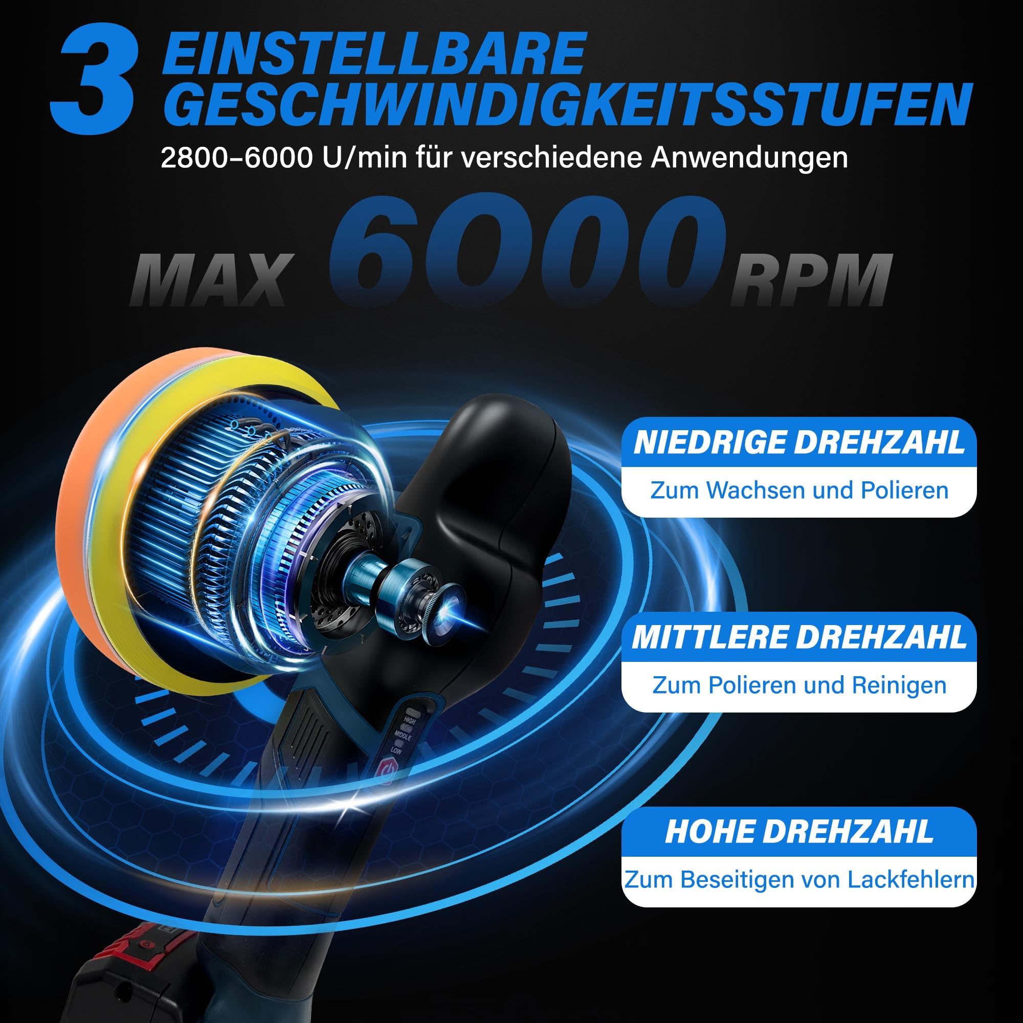 Poliermaschine Akku 150mm für Bosch Professional 18V, 6 Zoll Exzenter Polierer mit 3 Gängen (550-6000 U/min), 21-tlg. Auto Polierset für großflächige Autopflege & Lackkorrektur (Ohne Akku)