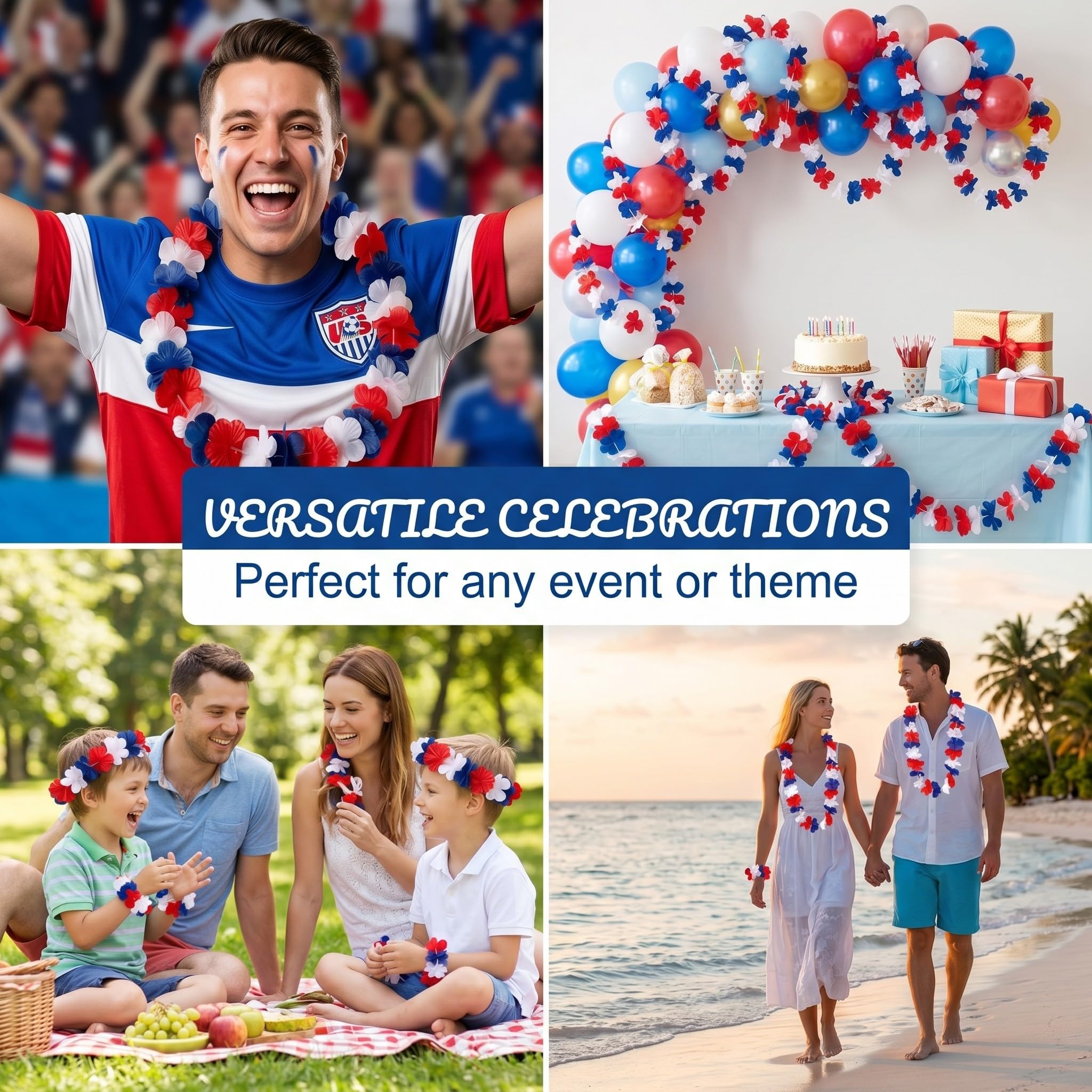 Lot de 12 Colliers Hawaiens Fleurs Bleu Blanc Rouge, 3 ensembles de 4 pièces (collier, bandeau, bracelets) pour supporters, accessoire de fête pour matchs de football et soirées à thème France
