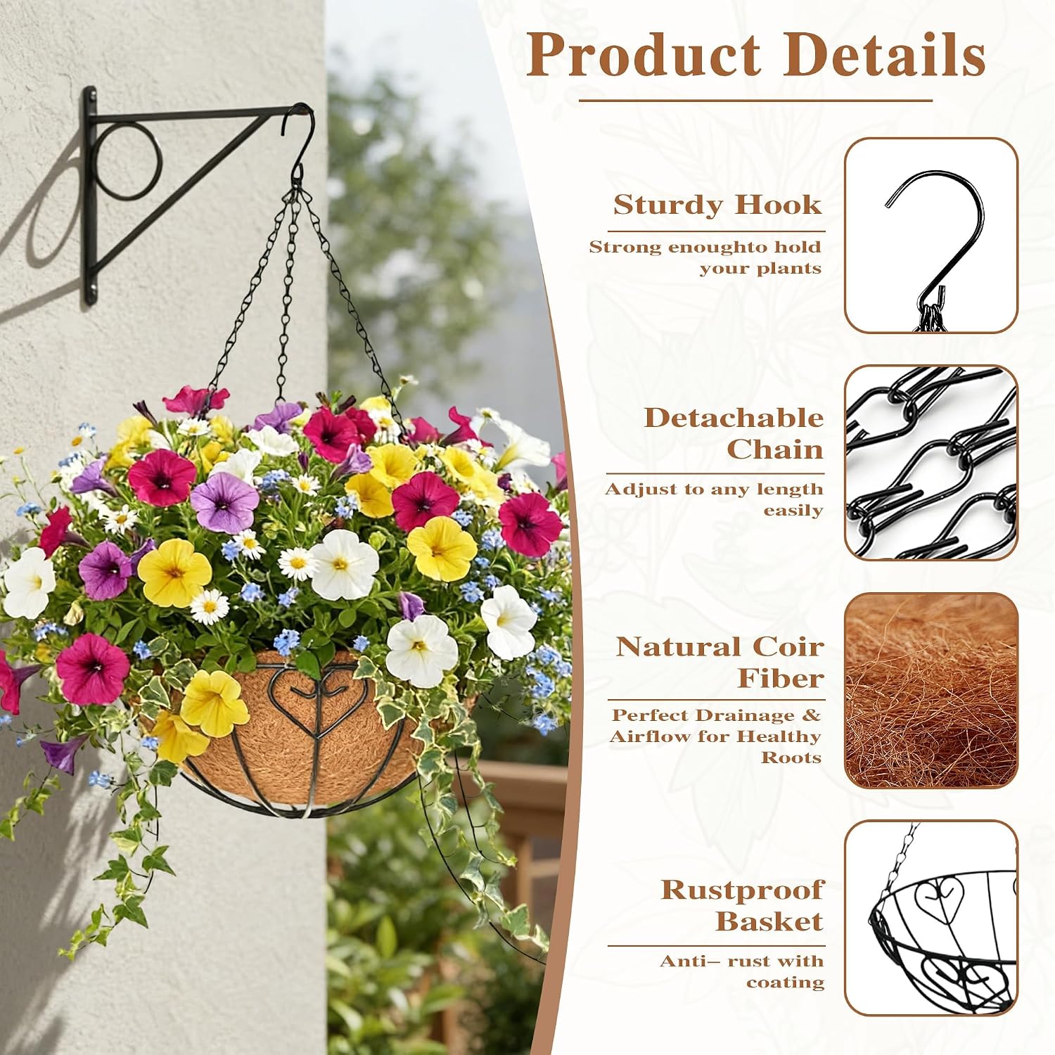4 Pack Hanging Planter for Outdoor Plants 14 inch Metal Hanging Flower Basket with Coco Coir Liner Round Wire Plant Holder Chain Flower Pots Outdoor Garden Decoration Watering Hanging Baskets（AX） image 4