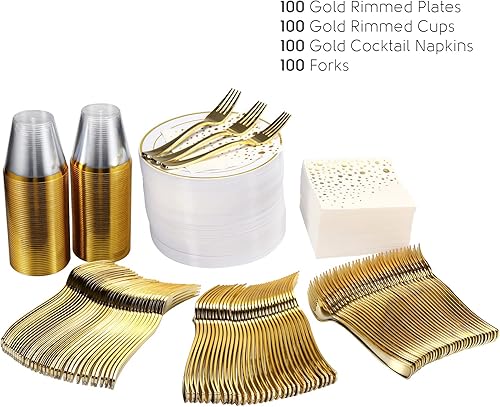 Miniatura 5 de The Essential Concierge Elegantes platos dorados de postre de 7.5 pulgadas con tazas, tenedores y servilletas de cóctel desechables (juego de 100