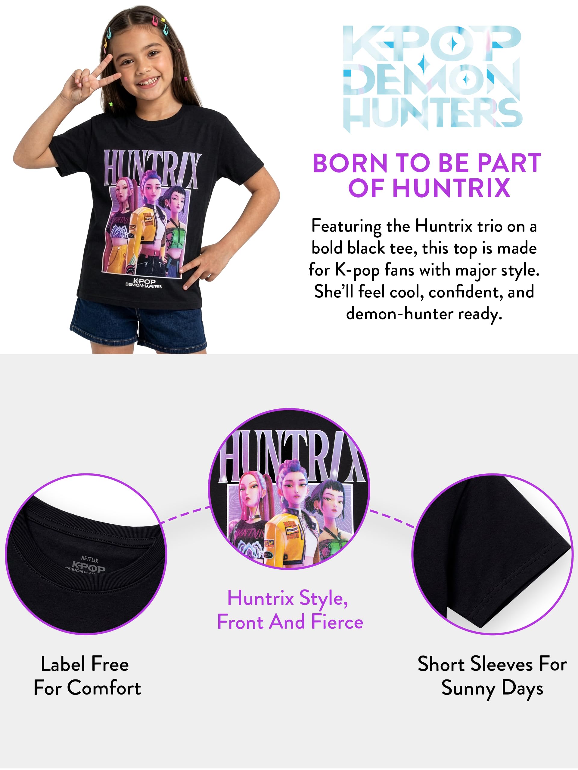 KPop Demon Hunters Camiseta Niña, Camiseta KPOP Niña con Motivo De Huntrix, Top Niña Manga Corta para El Verano
