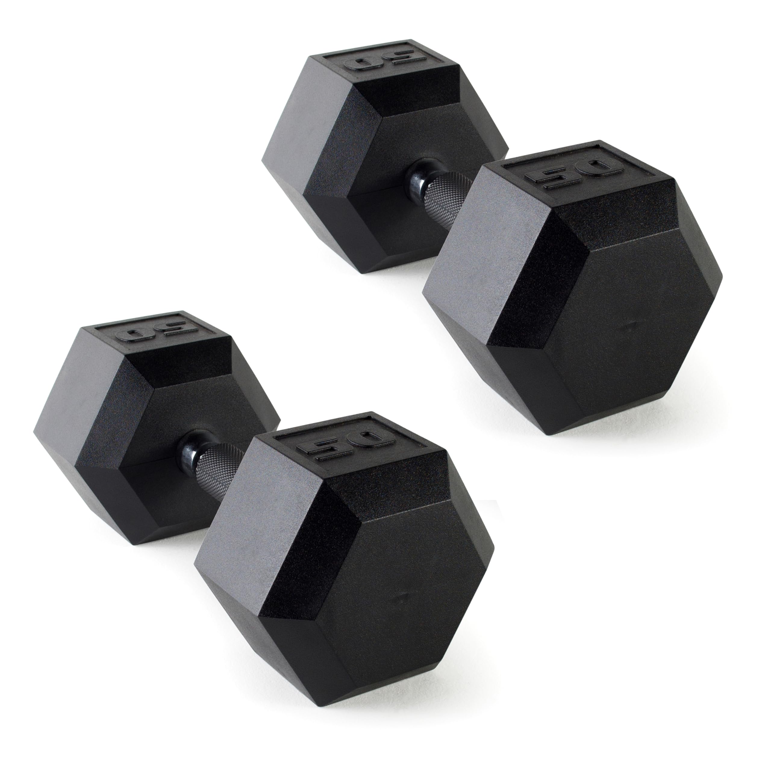 CAP Rubber Coated Dumbbell Weights, Free Weights for Home Gym Strength Training, Anti-Roll Hex Dumbbells with Black, Chrome &amp; Comfort Grip Handles, Pairs &amp; Sets