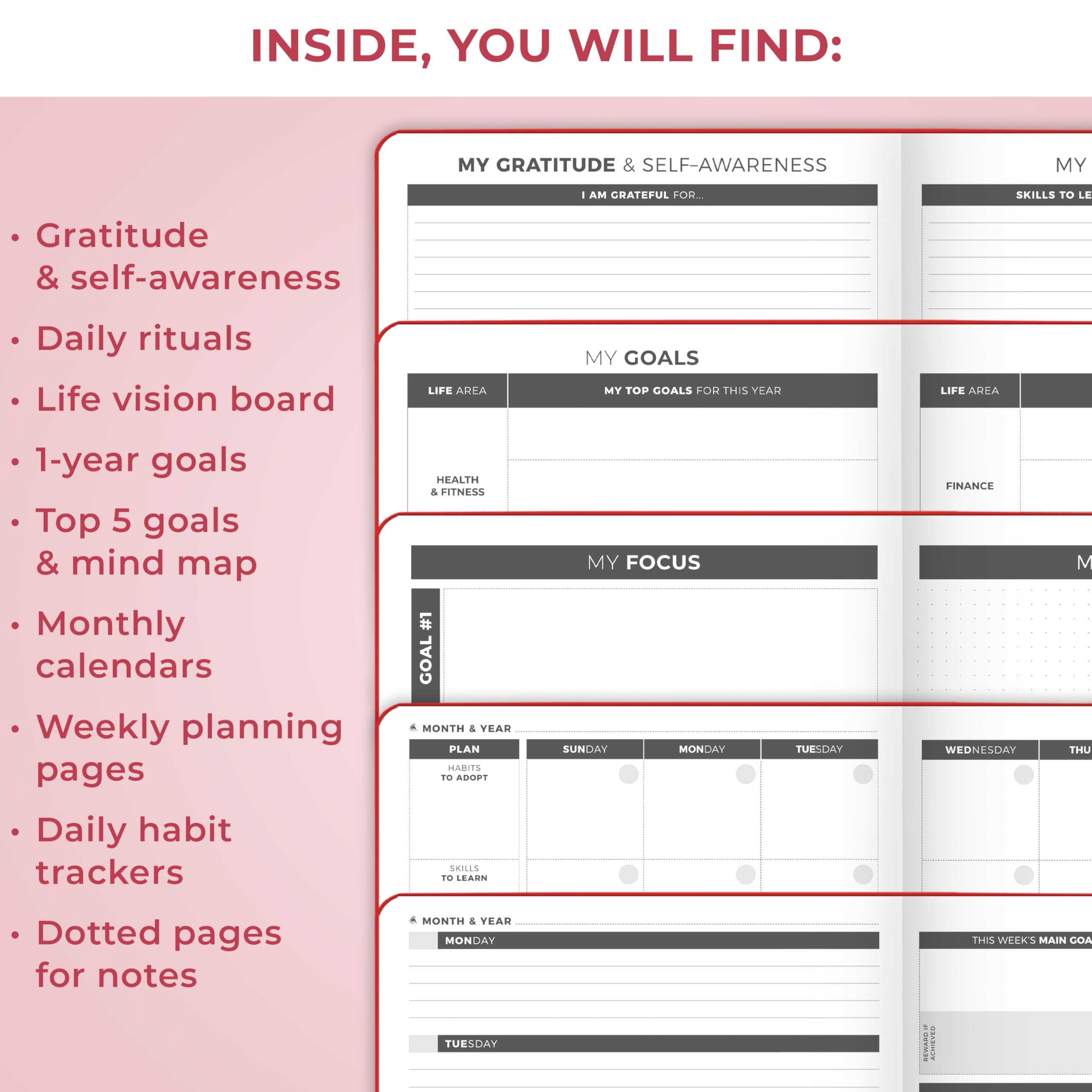 Clever Fox Planificador semanal y mensual sin fecha para productividad, gestión del tiempo y objetivos, diario organizador (rojo, más pequeño que A4 (7 x 10 pulgadas)