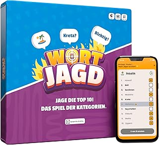 Wortjagd - Chase the Top 10, categories duel - general knowledge quiz for friends and family, board game with app for 2-12 players, party game with tempo