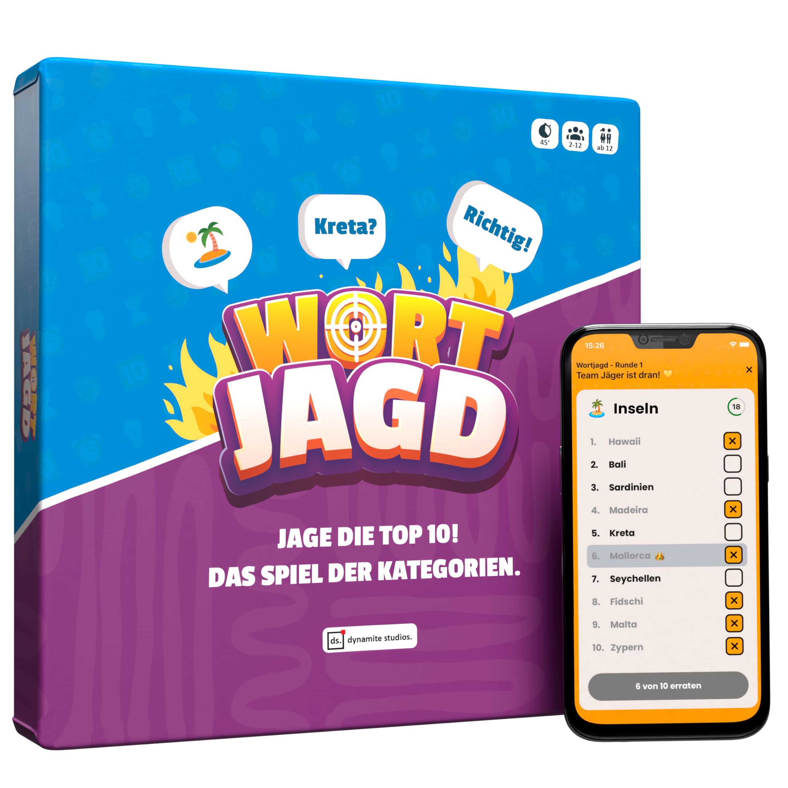 Wortjagd - Jage die Top 10, Kategorien Duell - Allgemeinwissen Quiz für Freunde & Familie, Brettspiel mit App für 2-12 Spieler, Partyspiel mit Tempo