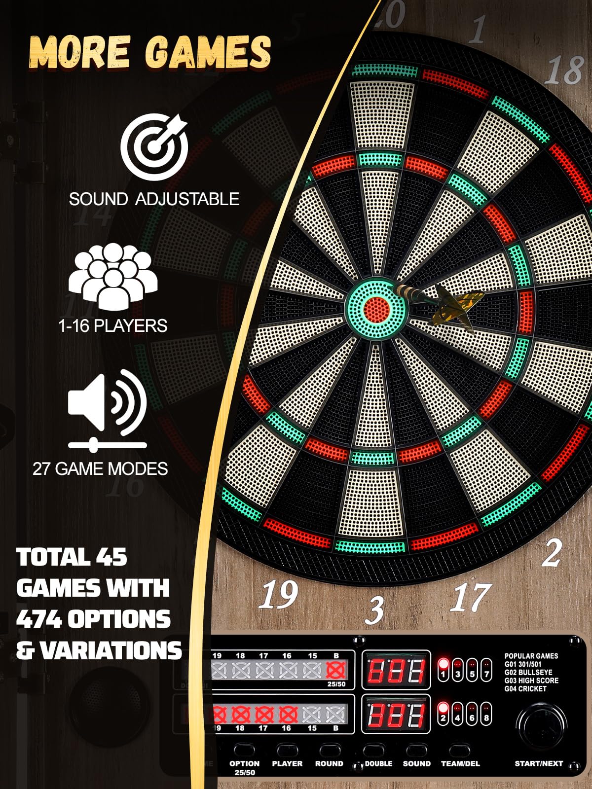 Dartscheibe Elektronisch, Dekoratives Elektronische Dartscheibe Schrank-Set [12 Bronze Soft-Tip Pfeile][Cricket-Spielmodus] - Profi E Dart Scheibe mit Holzschranktüren