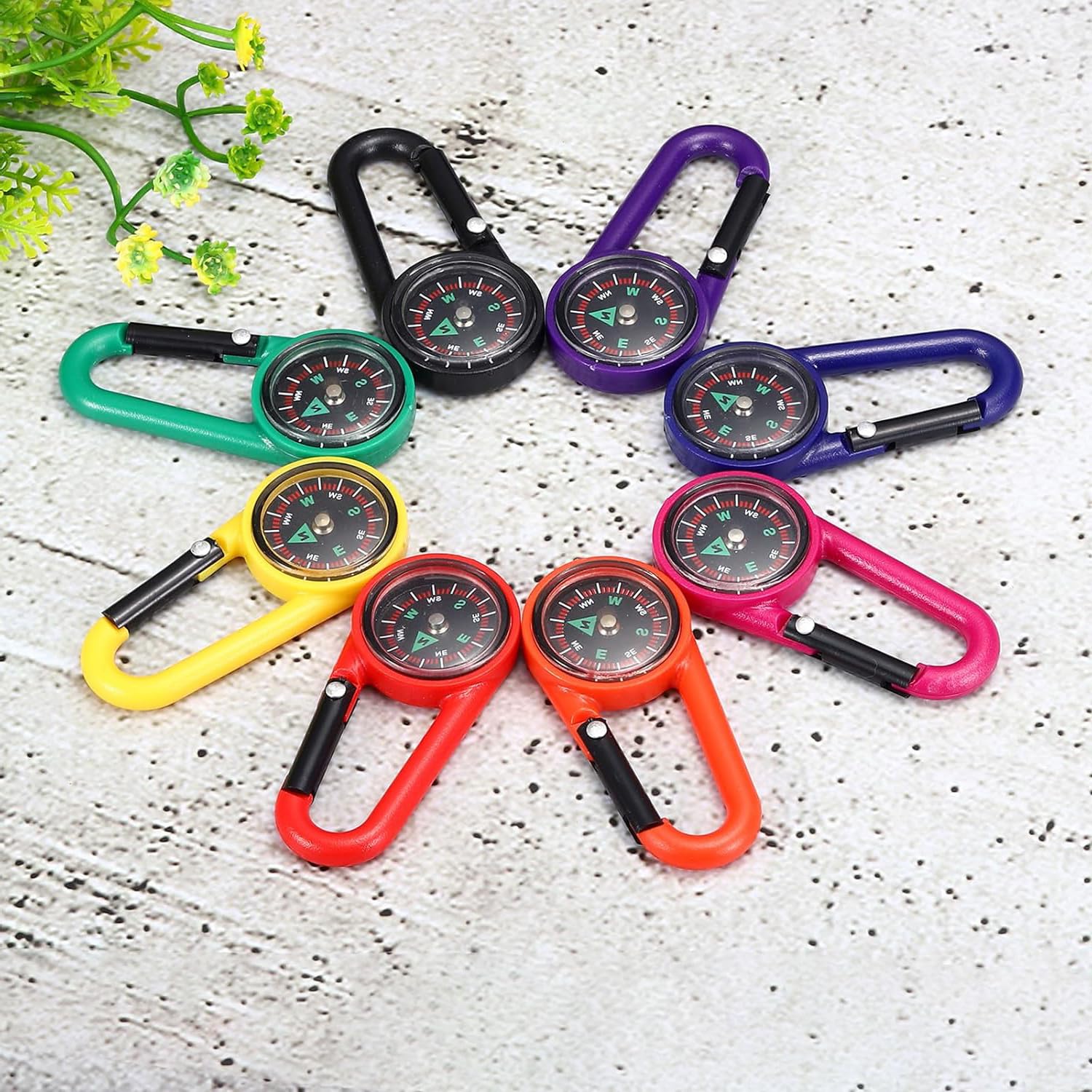 Confezione da 10 moschettoni colorati con moschettone, portatili, mini bussola, portachiavi, clip per attività all'aperto, escursionismo, campeggio, viaggi e navigazione