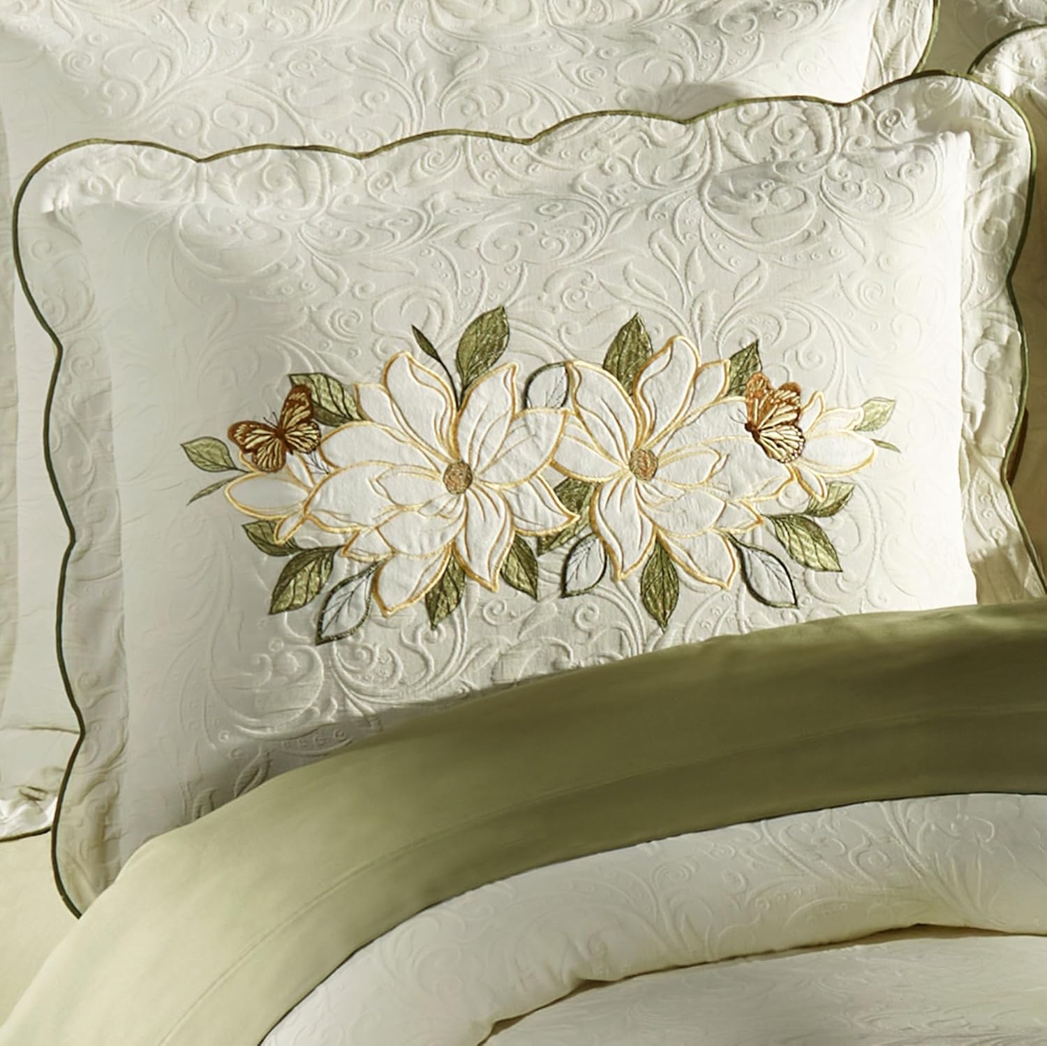 Sweetbay Garden Luxury Matelasse Bedding | Magnolia Flower, Butterfly, & Leaf Velvet Appliques | 4-Pc Ivory Textured Scroll Lightweight Bed Set: Oversized Full Coverlet, Bedskirt, & 2 Standard Shams