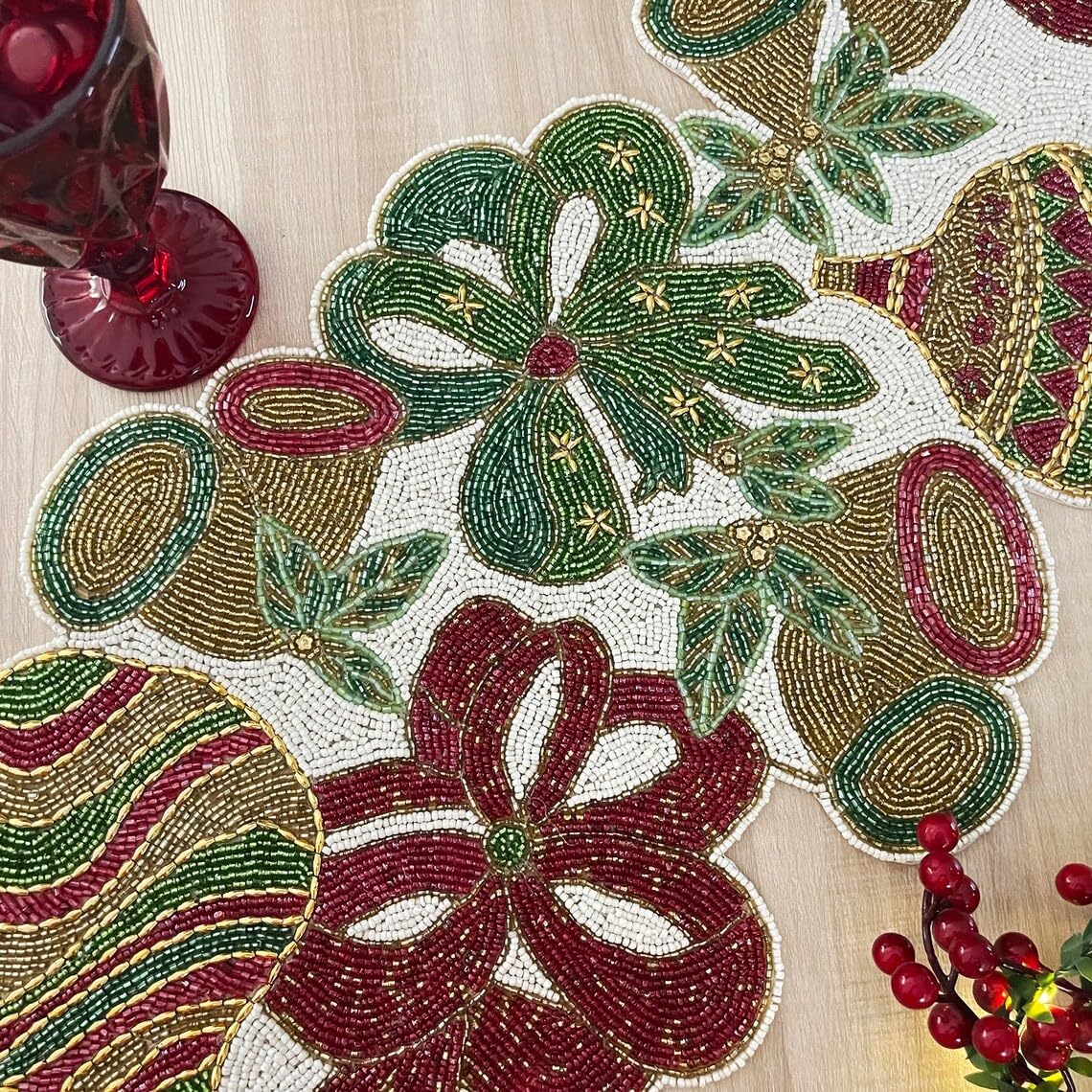 Enliven Handmade Christmas Table Runner - Beaded Multi-Color Design, 13x36 Inches, Festive Holiday Decor
