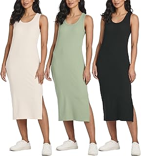 3 Pack: Women's Ribbed Knit Sleeveless Crew Neck Tank Casual Midi Shift Dress with Slit - Buy now