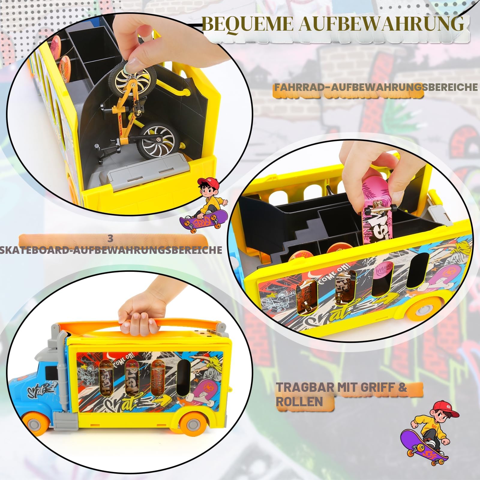 Fingerboard Rampe Set, verwandelbarer Truck zum Mini Skatepark, Skateboard Rampe mit 3 Finger Skateboards und 1 Finger Bike, tragbares Fingerboard Spielzeug für Kinder ab 3 Jahren