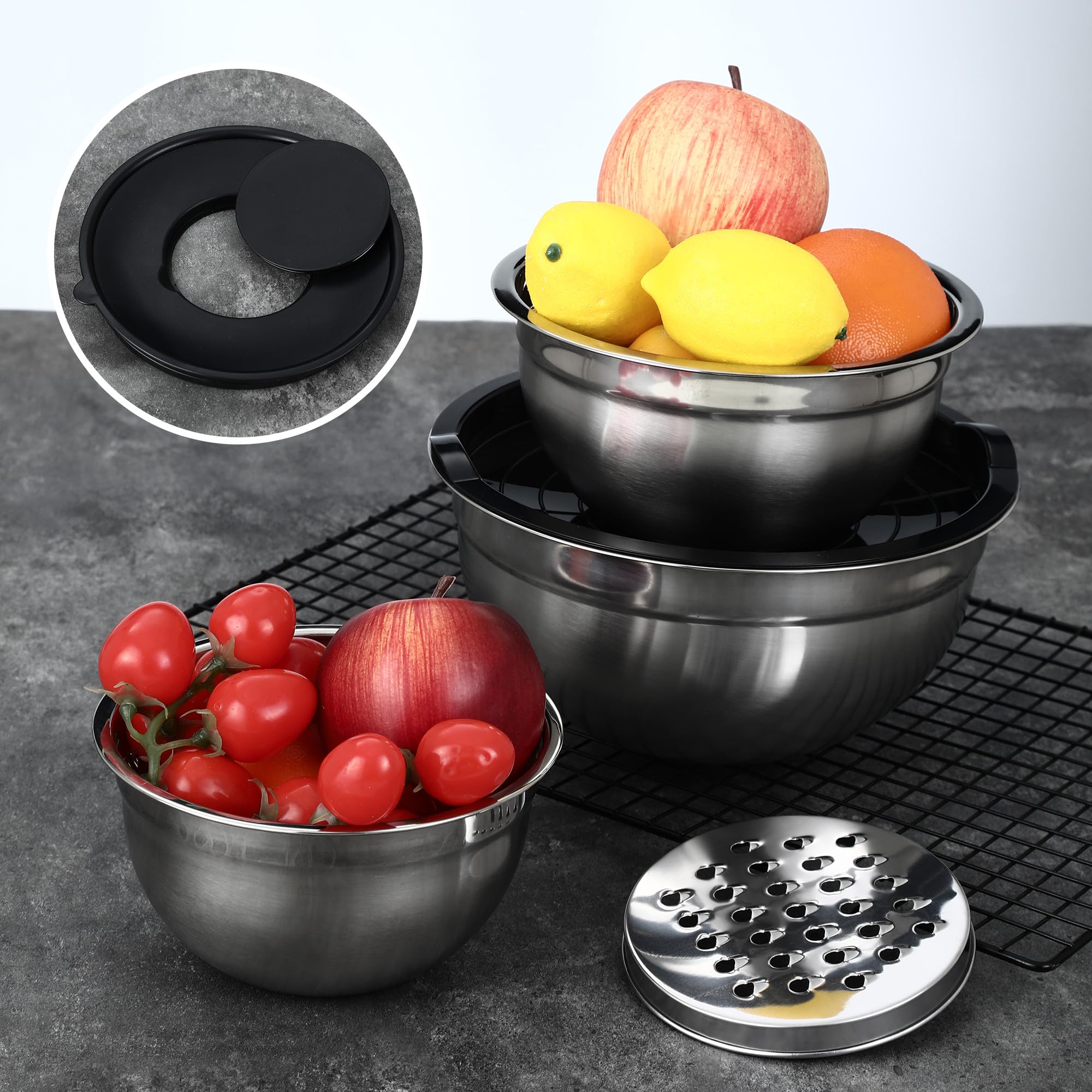 Lot De 5 Bols En Acier Inoxydable Avec Couvercles - 1.5L à 4.5L, Fond Antidérapant Silicone - Pour Cuisine, Préparation Repas, Saladiers