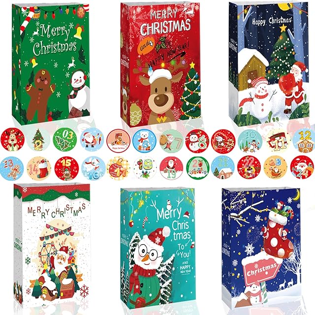 Christmas Gift Paper Bags, AUERVO 24 Pcs Xmas Gift Paper Bags, 6 Christmas Elements Themed Design with 24 Christmas calendar Stickers for Xmas Party Favors Decorations