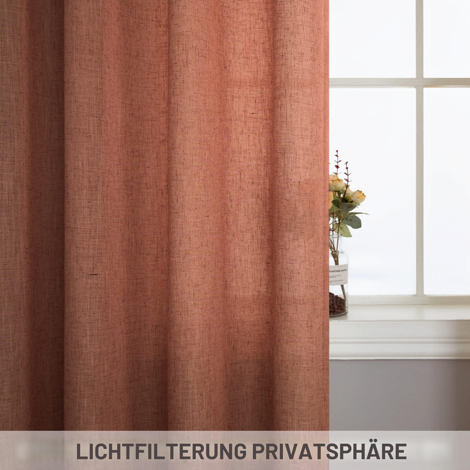 Mrs.Naturall Terrakotta-Leinenvorhänge, 259 cm lang für Wohnzimmer & Schlafzimmer, 2-teiliges Set mit Stangendurchzug, lichtdurchlässig, halbtransparent, in Rost-Orange, Western-Dekor, 132 x 259 cm