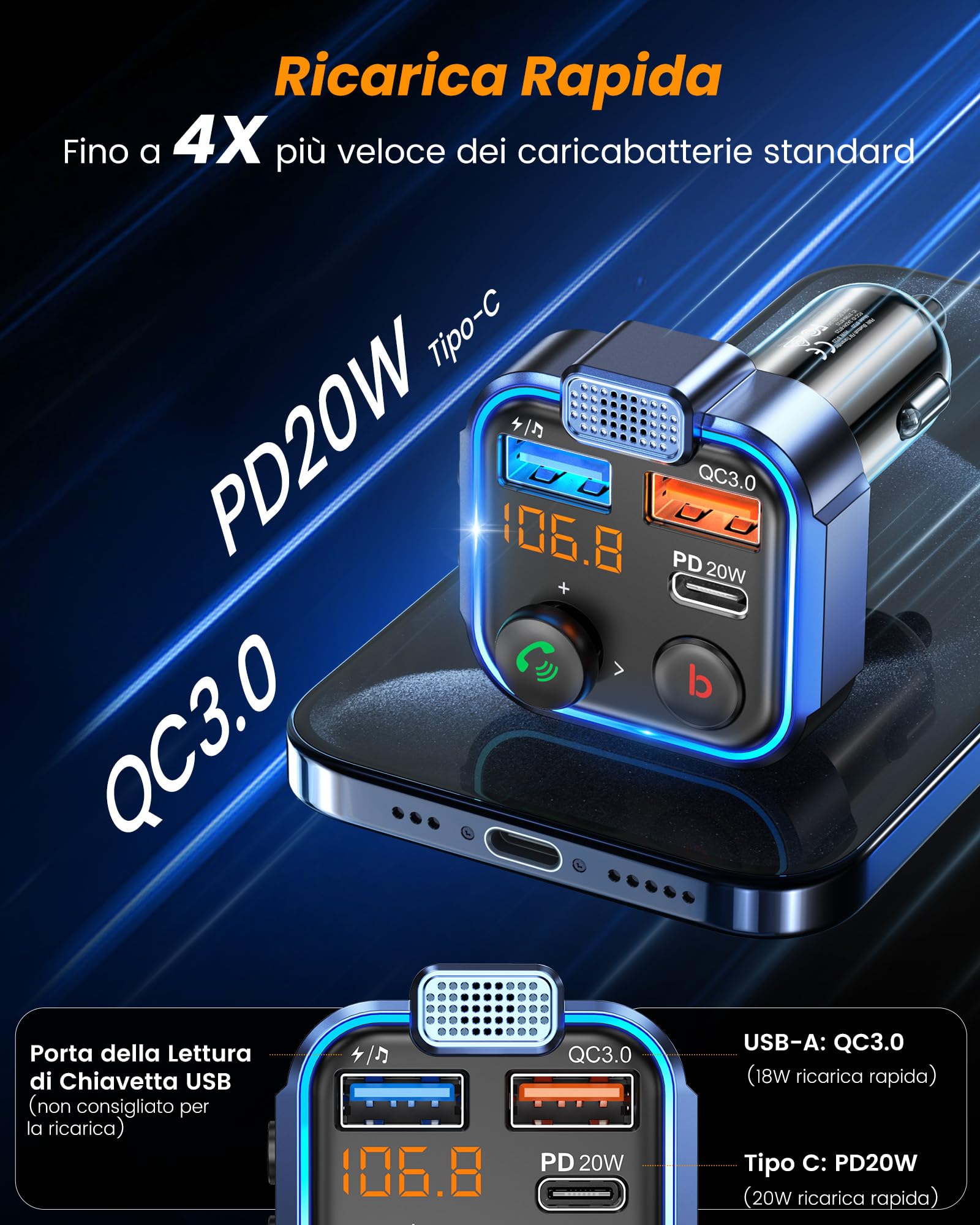 LENCENT Trasmettitore Bluetooth 5.0 per Auto, Musica Bluetooth Auto con Bassi Profondi e Suono Hi-Fi lossless, Ricarica Rapida Tipo-C PD 20W e QC3.0, Supporto Disco U-Luce Blu Sfumata