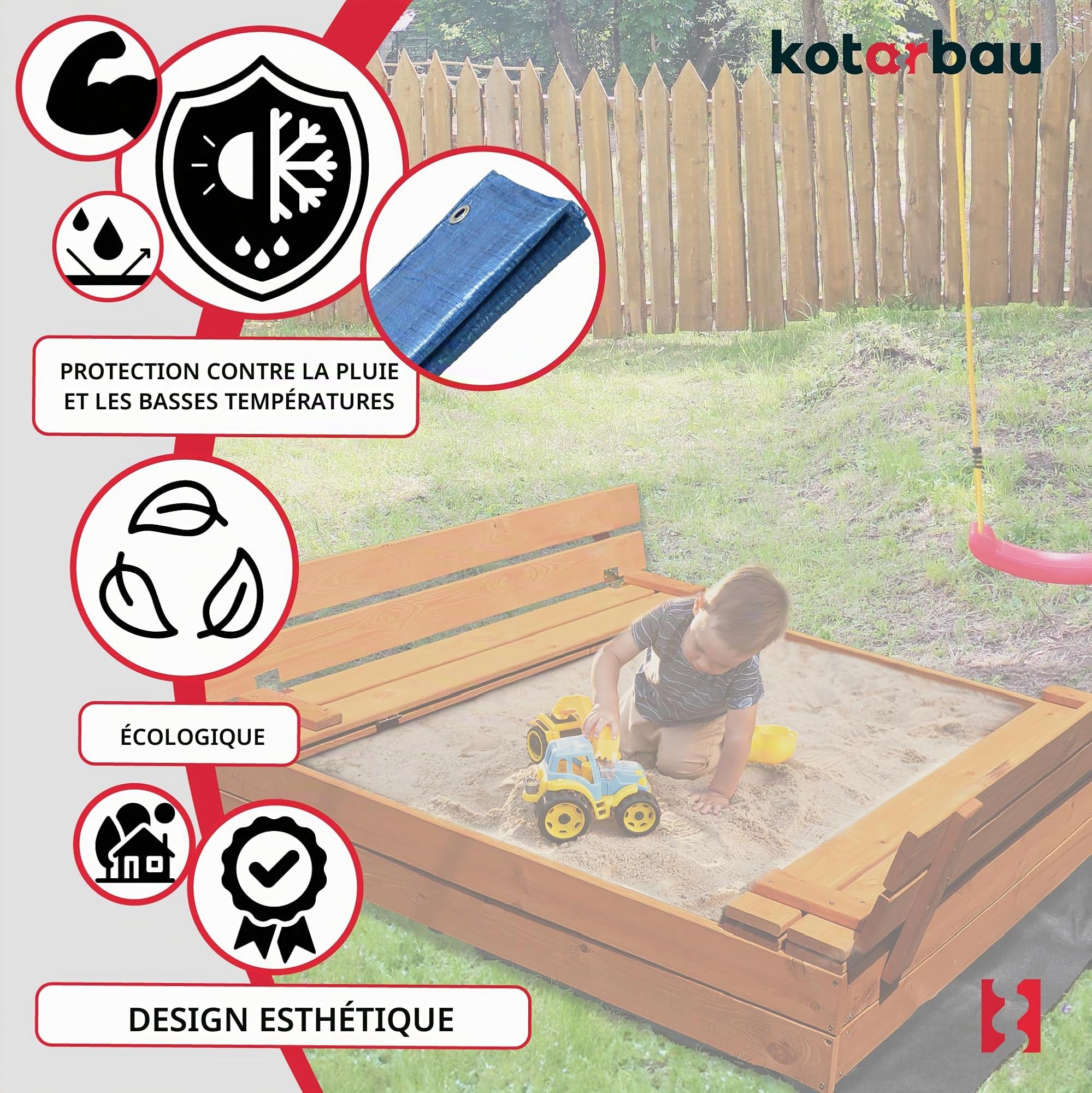 KOTARBAU® Bac à Sable Enfant Extérieur - Bois - 120 x 120 cm - Marron - avec Couvercle et Bancs - Bac à Sable Refermable - Imprégné - avec Tissu Anti-Mauvaises Herbes