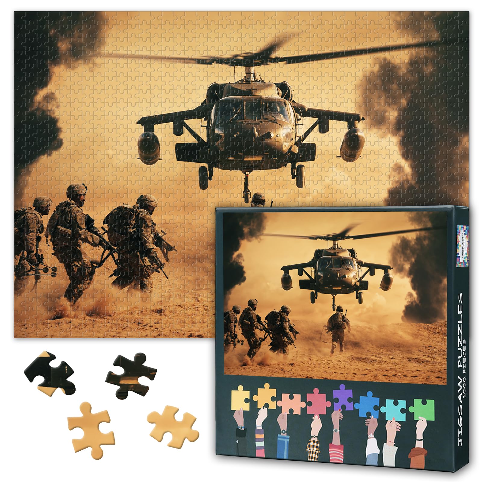 Military Soldiers Army Puzzles for Adults 1000 Pieces, Soldiers are Running to Helicopter Jigsaw Puzzles