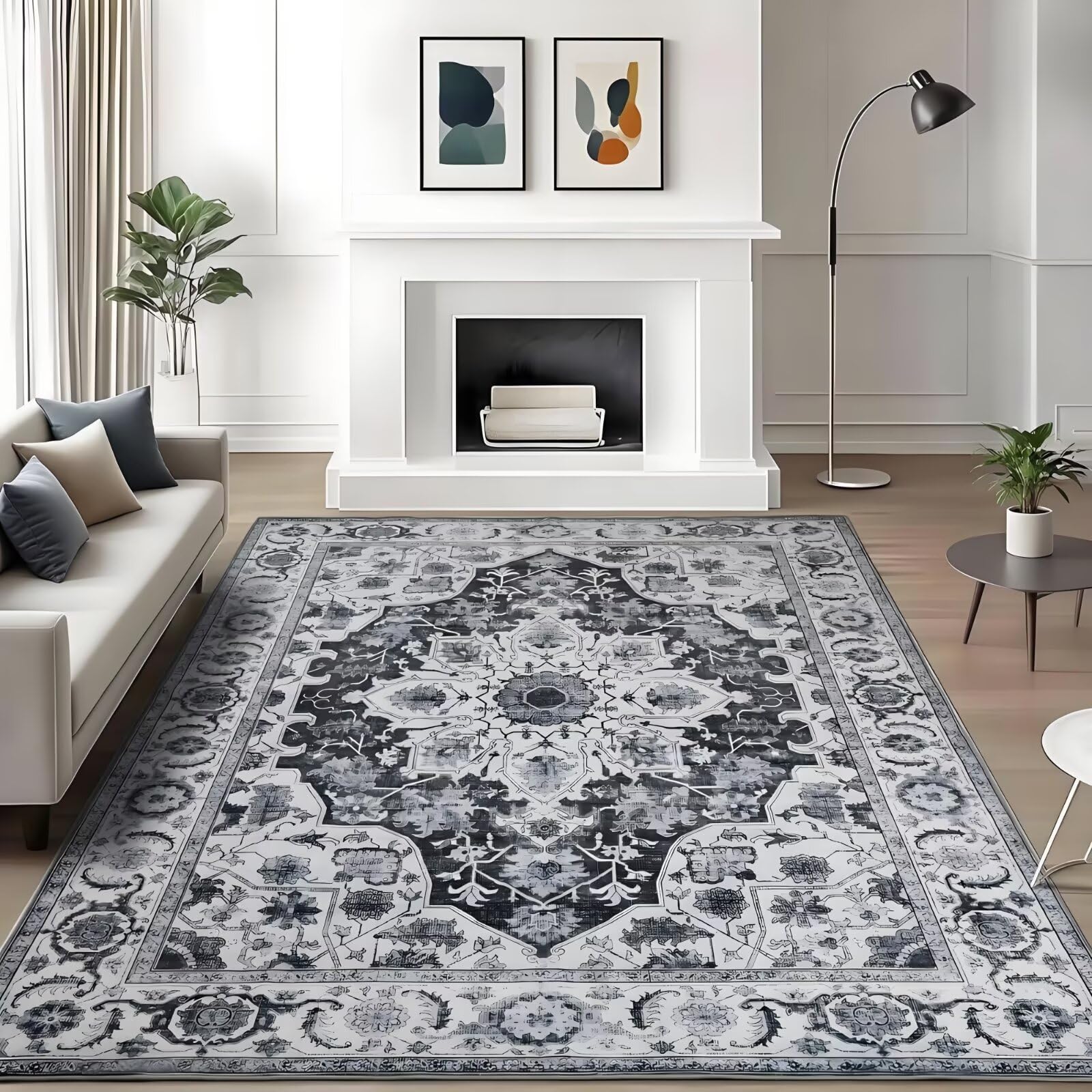 Tapis lavable en machine résistant aux taches noir rétro 160x230 cm pour salon et chambre
