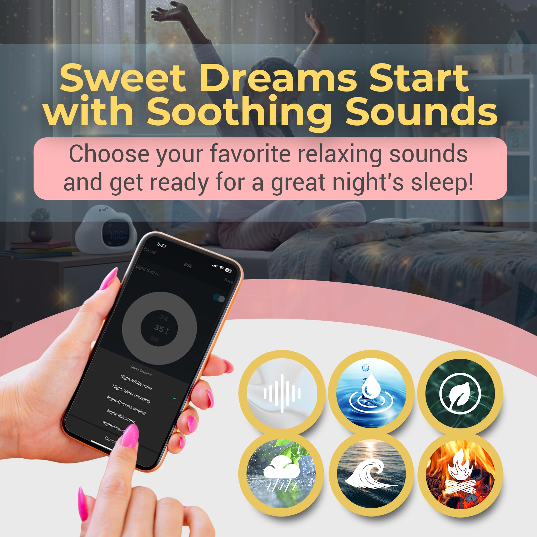 Bumble & Bright Wecker für Kinder mit App-Steuerung, niedlicher USB-C-Kabel für Kinder und Kleinkinder, mit 8 Nachtlicht-Farben und 6 beruhigenden Geräuschen (Hase) (Wolke)