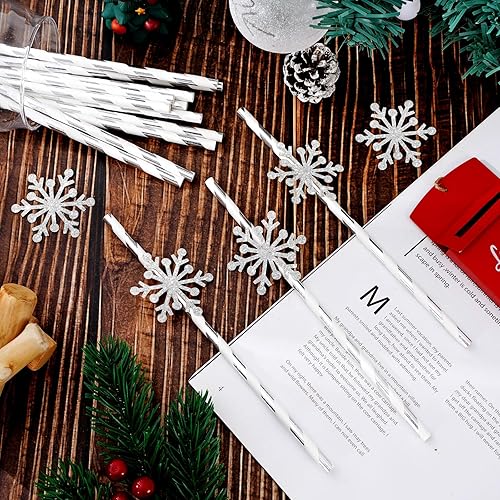 Miniatura 3 de AnyDesign - 50 popotes de papel de Navidad desechables a rayas blancas y plateadas con copos de nieve con purpurina para invierno, Navidad,