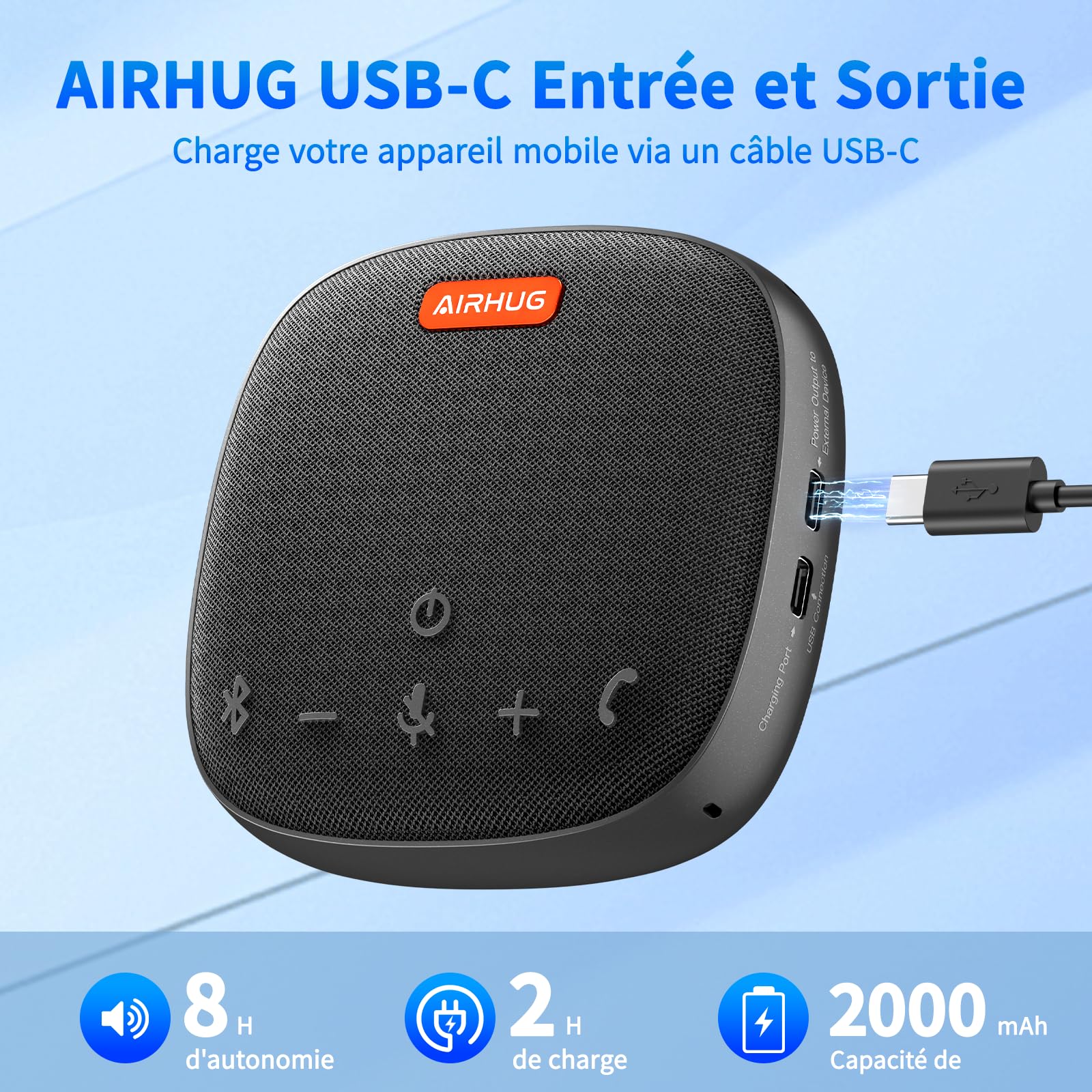 Microphone et haut-parleur de conférence AIRHUG, haut-parleur Bluetooth avec prise de voix à 360°, réduction avancée du bruit, USB-C Plug & Play, compatible avec Zoom et MS Team