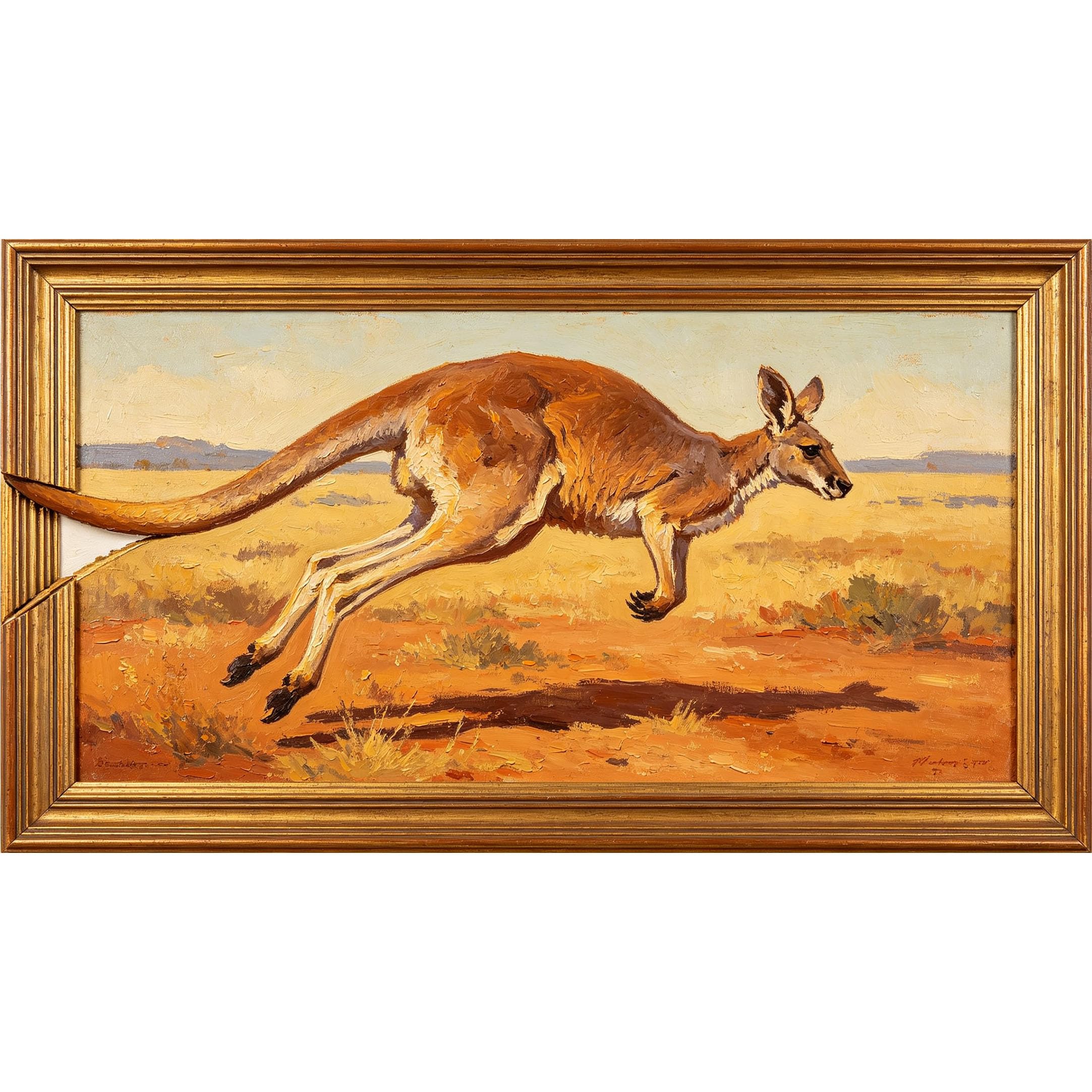 QZLITHOTIC 50x90cm3D Framed Wall Art， Jumping Kangaroo Desert Landscape Oil Painting SelfAdhesive Mural， WaterActivated Peel & Stick Fabric Decor Wall Decal for Bedroom Living Room