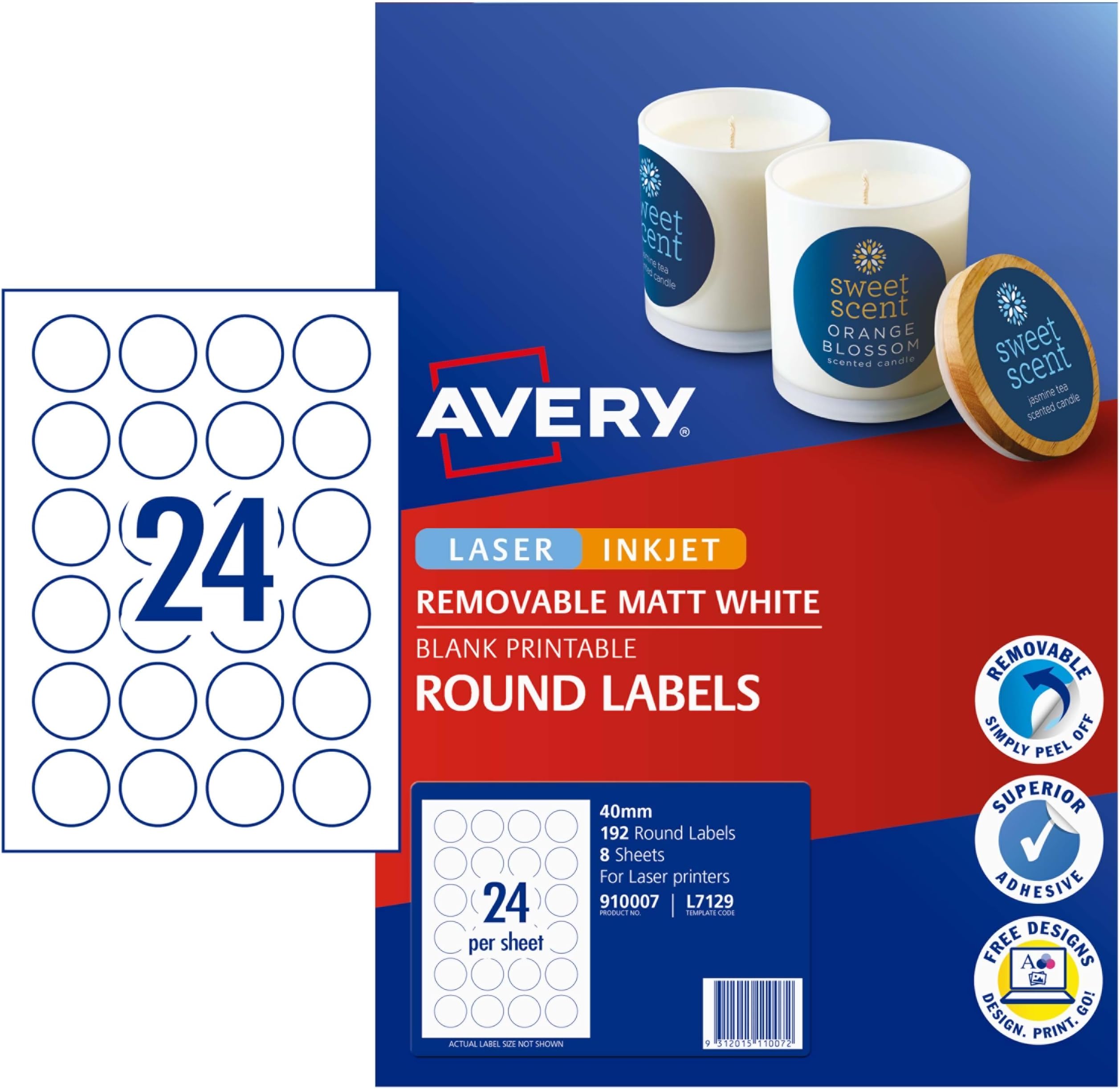 Avery Printable Removable Blank Round Labels, 40mm Diameter, Matt White ...