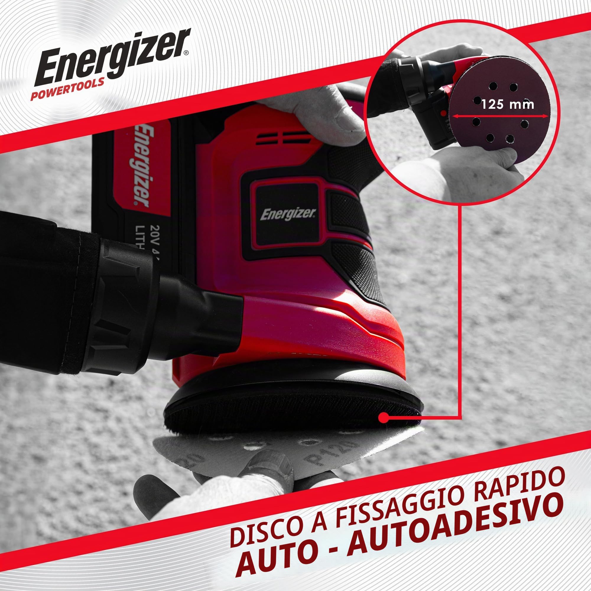 Energizer – Levigatrice orbitale cordless 20V, 10.000 giri/min, 6 velocità regolabili – Piatto autoaderente da 125 mm, sacchetto raccoglitore, 10 dischi inclusi – Include 2 batterie 20V 2AH + caricato