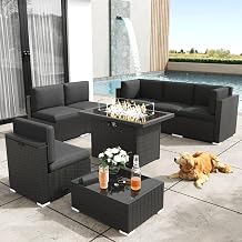 Patio Furniture Set with Fire Pit Table, 8 Pieces Outdoor All-Weather Wicker Conversation Sectional Chair Sofa Set