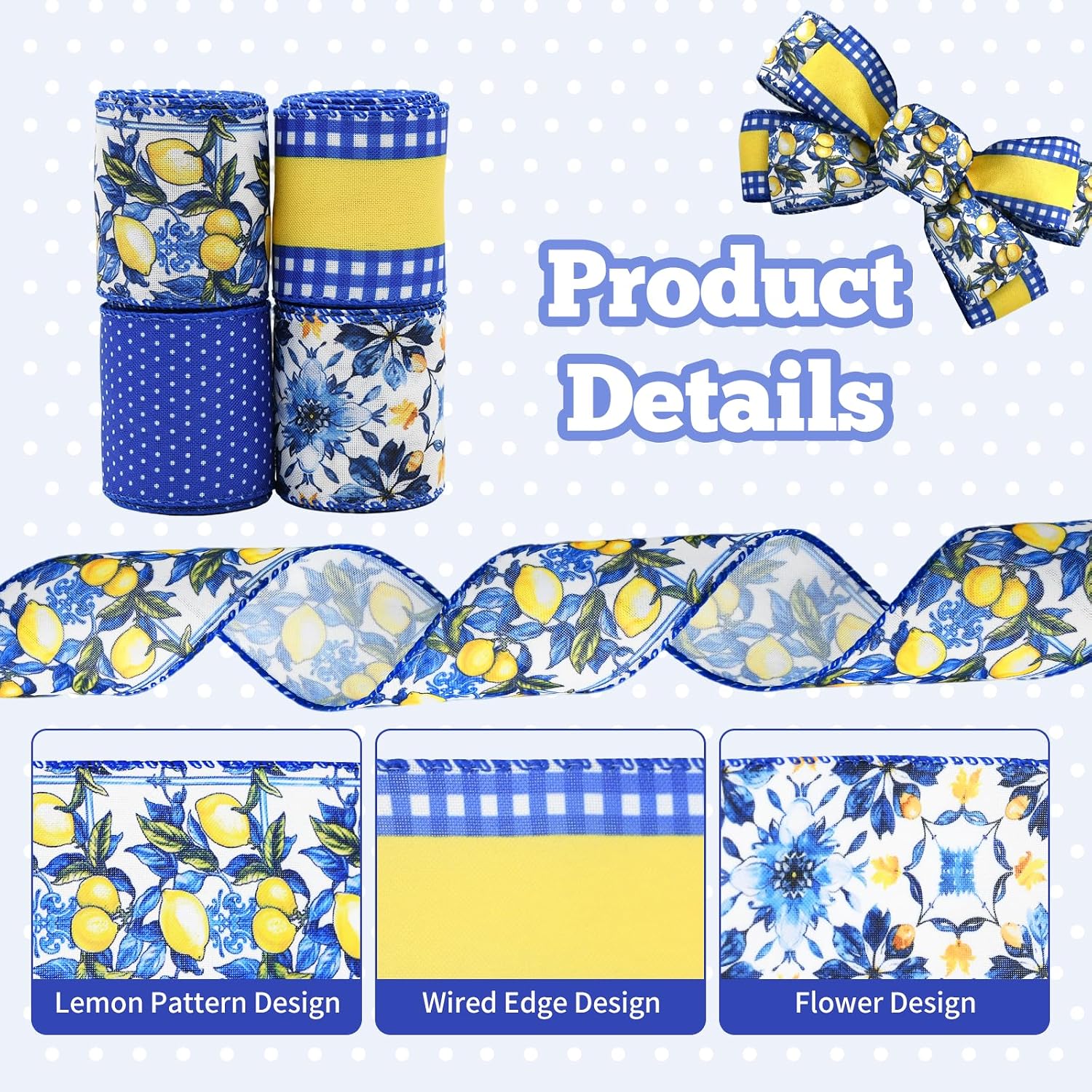 4 Rolls Lemon Wired Edge Ribbon - 2.5 Inch Wide, 20 Yards Total, Summer Yellow Lemon Print Wired Edge Set, Fashionable Grosgrain Craft Ribbon for Gift Wrapping, Hair Bundles, Party Decorations