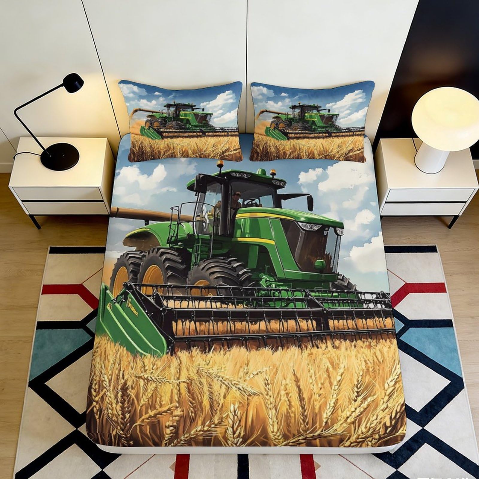 3D Printed Green Harvester Fitted Sheet Microfiber Soft Wheat Field Bed Cover for Bedroom Dorm Decor Mattress Protection 90x200x25cm
