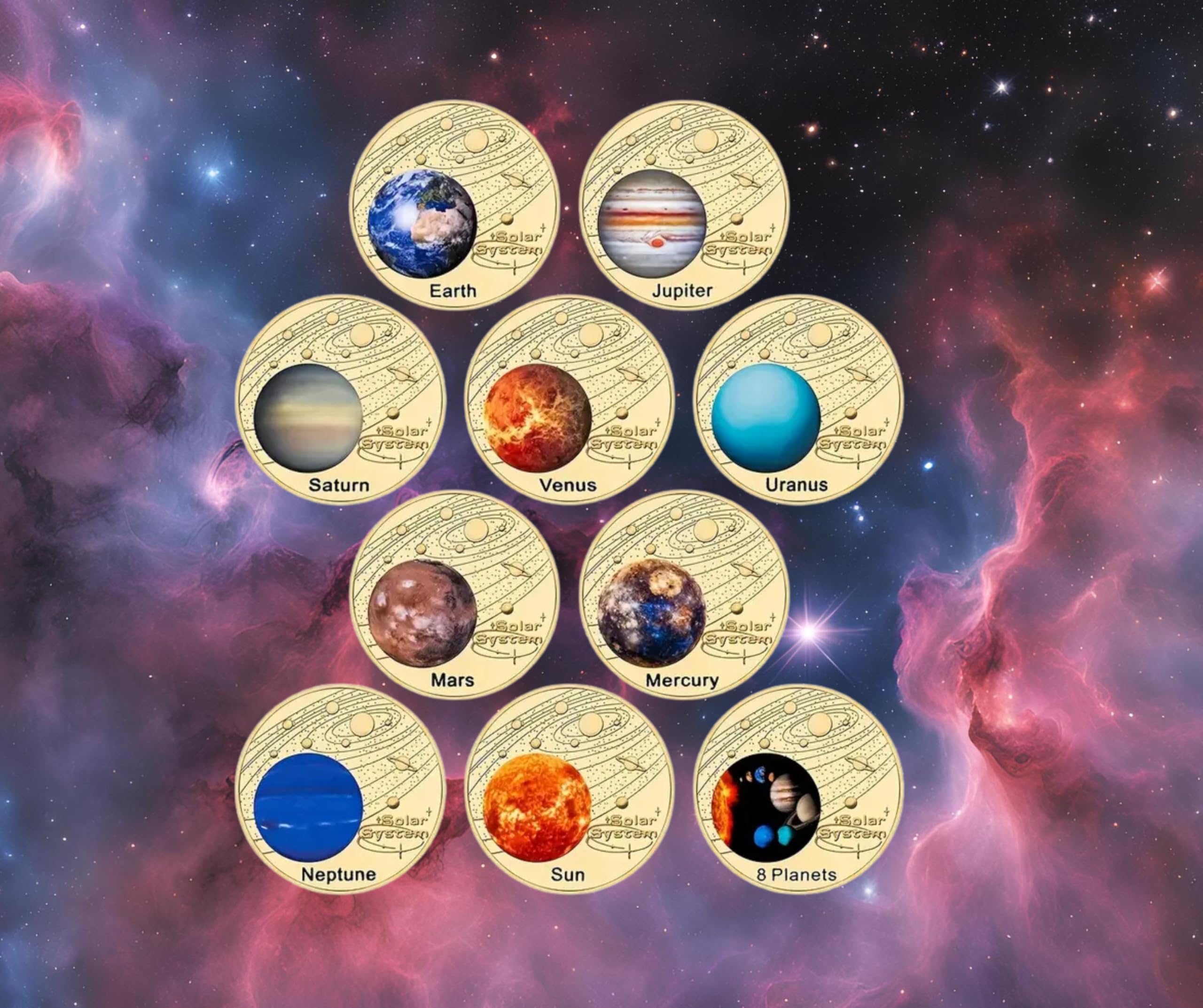 Juego de 10 piezas de colección del sistema solar chapado en oro con estuches individuales y caja de almacenamiento.