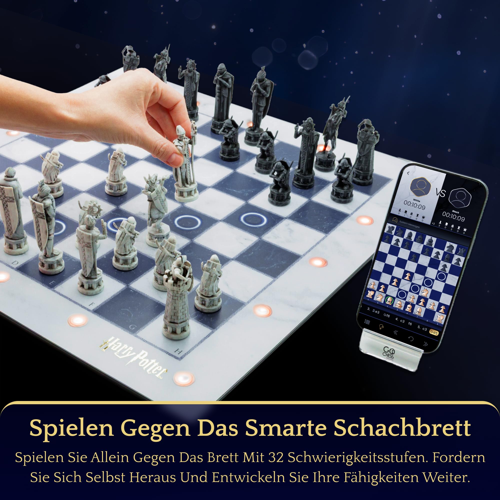 Harry Potter Elektronisches Schachspiel – GoChess Mini Wizard. Leuchtendes Schachset für Kinder & Erwachsene, alle Spielstärken, mit Online-App. Perfekt für Harry-Potter-Fans