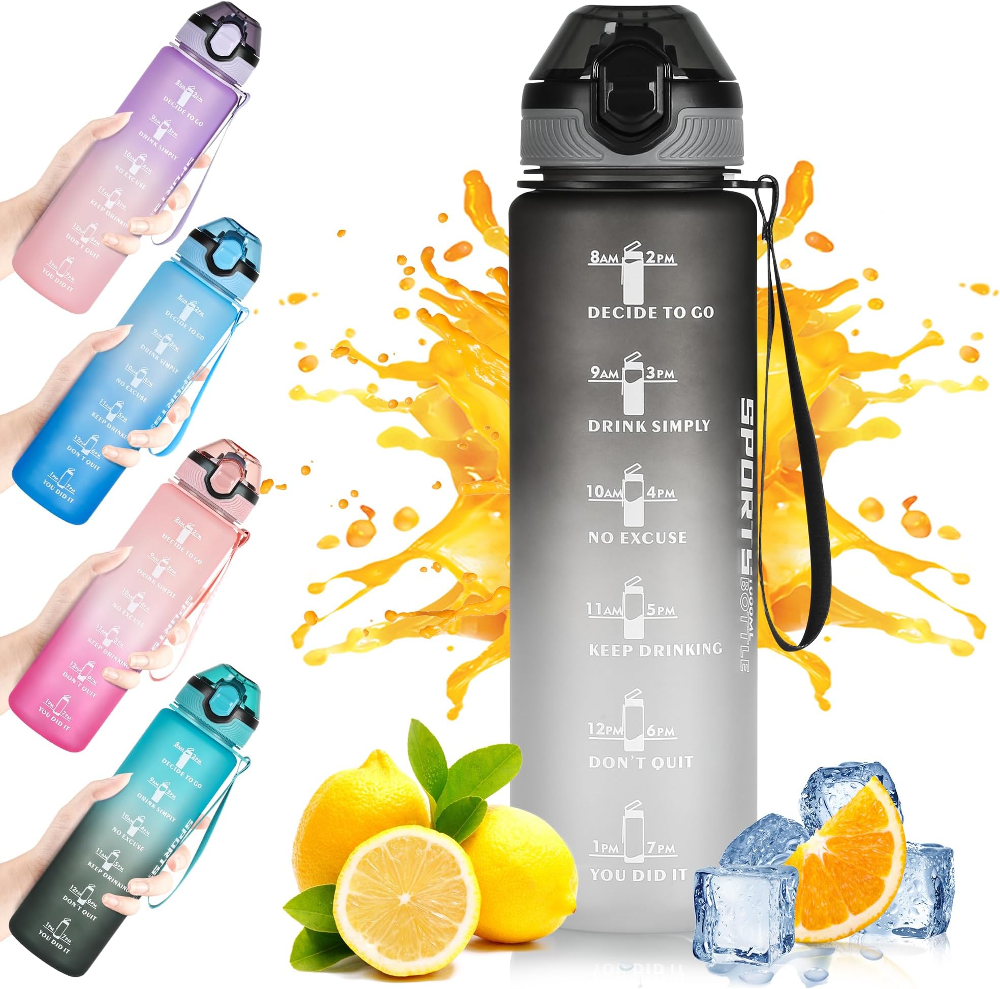 Seekua Sport Tritan Gourde 1l avec Paille & Marqueur de Temps, Motivation Bouteille d'eau sans
