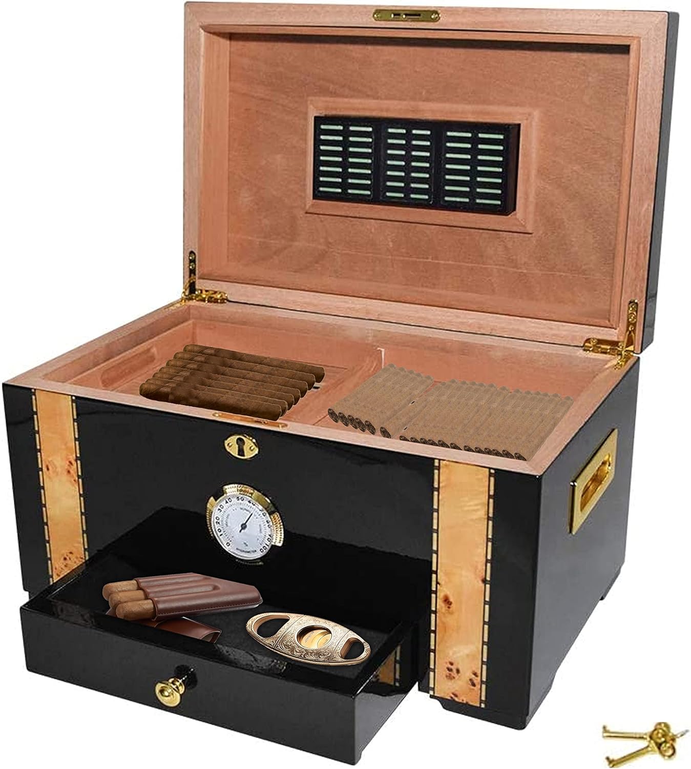 69Bourbons Exotic Cigar Humidor - Large Ebony Wood Storage Box with Spanish Cedar Wood Interior, Accessory Drawer, Exterior Hygrometer - Airtight Humidity, Removable Dividers - Cabinet for 150 Cigars