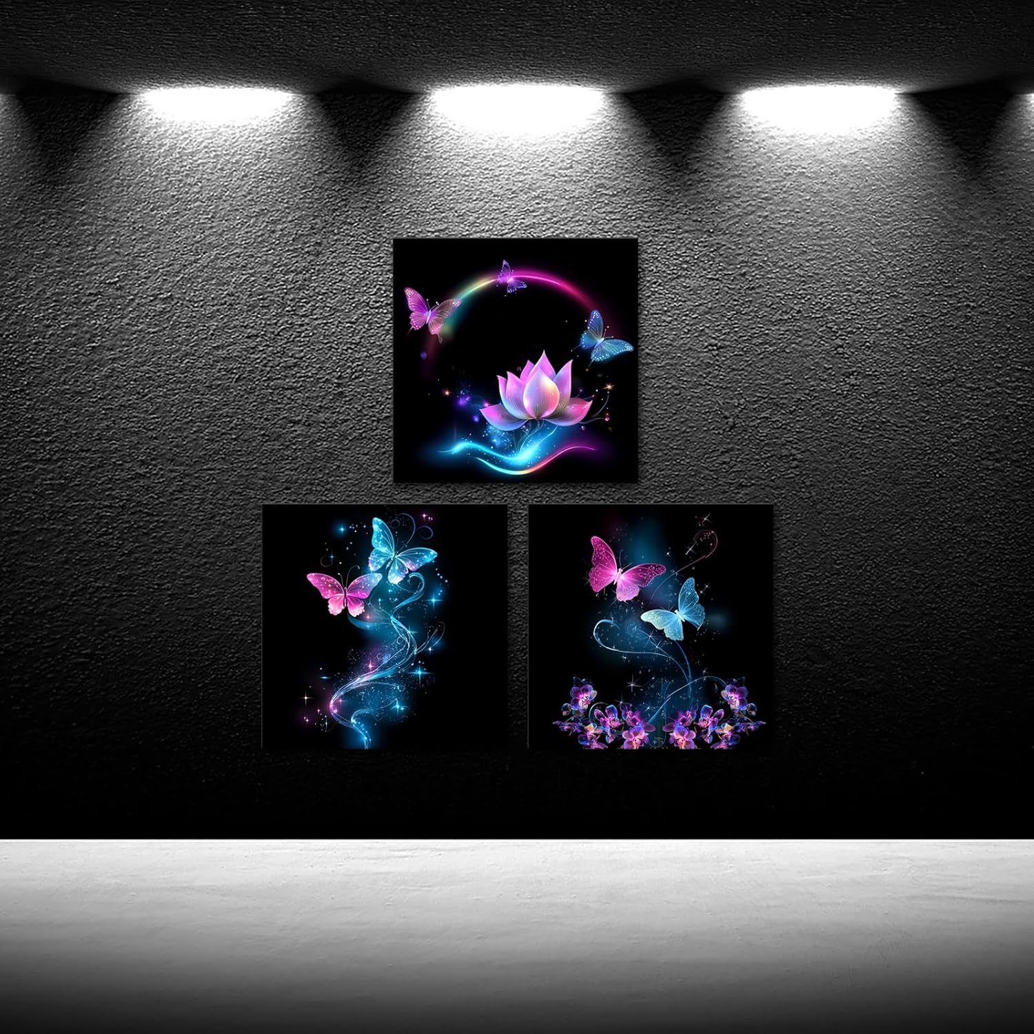 iKNOW FOTO Canvas Set of 3 Abstract Purple Butterfly Wall Art Flower Painting on Canvas Contemporary Artwork for Bathroom Bedroom Wall Decor Ready to Hang Each Size 12x12inch