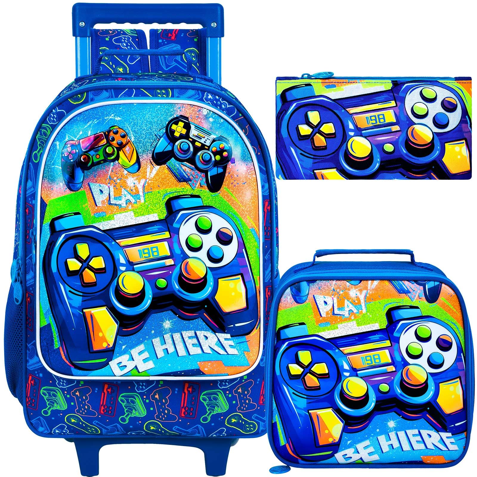 ZLYERT 3Pcs Gamer Rolling Backpack for Boys, Kids School Backpacks with Wheels, Roller Bookbag with Lunch Box for Elementary Preschool(Blue)
